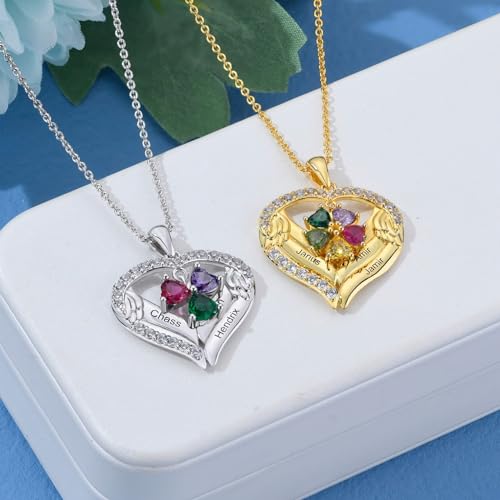 Custom Heart Pendant Necklace for Mom and Grandma with 1-6 Names and Simulated Birthstones Personalized Mother Sterling Silver Necklace for Christmas Birthday or Mother's Day4