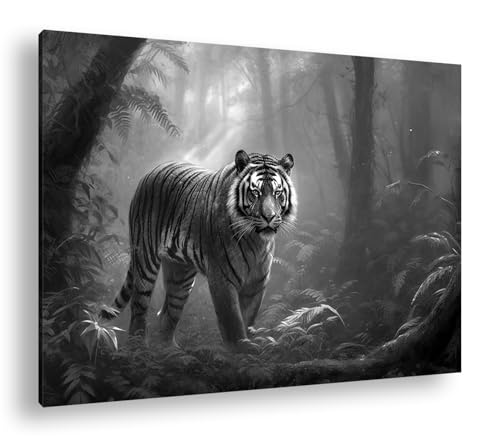 Toile tigre noir et blanc 90x60 cadre bois déco salon nature