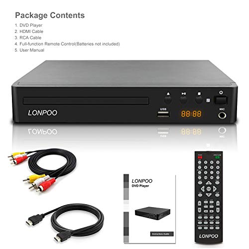LONPOO Compact DVD CD Player Codefree Multi Region Play, Support 1080P Upscaling, HDMI & AV Output (Cable Included), USB2.0 Port Input, Mic Port