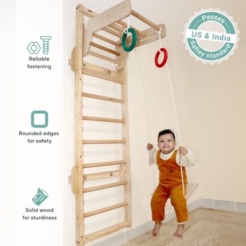 Image of Curious Cub Jungle Gym for Kids Indoor |Playset with Wooden Ladder, Gym Rings, Monkey Bars & Swing |Develops Motor Skills| Jungle Gym Set | Jungle Gym for Kids & Babies 1.5-7 Years, 10 cm