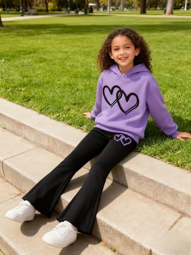 Image of 6-13 Years Girls Clothing Heart Print Hoodie Top + Heart Print Flare Leg Pants 2PC Clothing Set