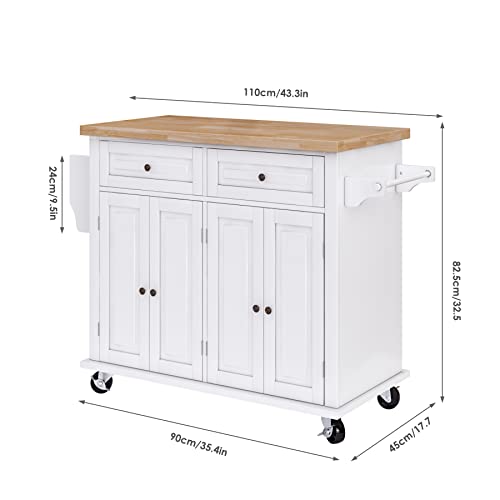 Kitchen Island On Wheels, 43“ Rolling Mobile Kitchen Island Cart With Drawers And Storage Cabinet, Kitchen Cart With Rubberwood Countertop And Spice Rack, Towel Rack, Adjustable Shelves, White #TOP1