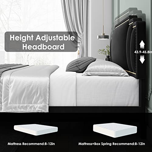 Hifit King Size Modern Velvet Upholstered Bed Frame With Adjustable Headboard, Studded With Golden Iron Slice & Rivets, Platform Bed Frame With No Noise, No Box Spring Needed, Easy Assembly, Black #TOP4