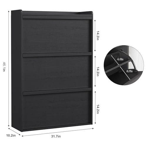 GarveeHome Shoe Cabinet with 3 Flip Drawers, Wooden Shoe Organizer Cabinet with Adjustable Shelf, Shoe Storage for Entryway, Hidden Shoe Cabinet for Hallway, Living Room, Black