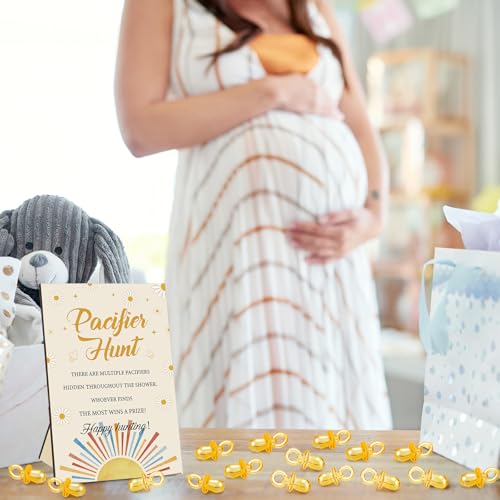Image of Thyle 51 Pcs Here Comes The Son Pacifier Hunt Baby Shower Games Boho Sun Decorations Include Hunt Sign and 50 Acrylic Pacifiers for Baby Shower Game Decoration Gift Sets Gender Reveal Party Decor