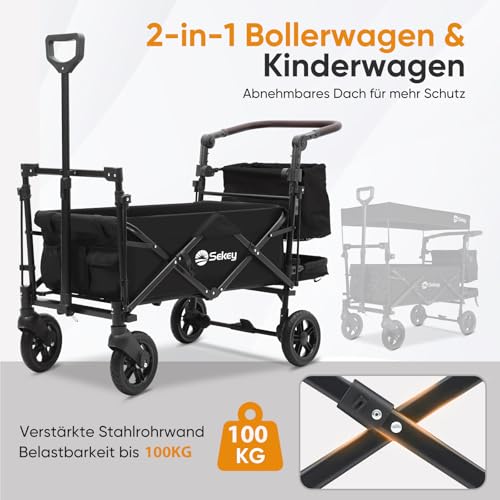 Sekey Bollerwagen Faltbar mit Dach 2 Kinder 100KG, Faltbarer Bollerwagen Handwagen Schiebegriff, Kinderwagen Stoßfest PU Räder mit Bremsen 110L, SS5050, Schwarz