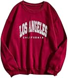 Tomwell Damen Los Angeles Sweatshirt Langarm Rundhals Pullover Warm Pulli Oversized Damen Ohne Kapuze Teenager Mädchen Vintage Pullover Oberteile Y2k Top A Weinrot L