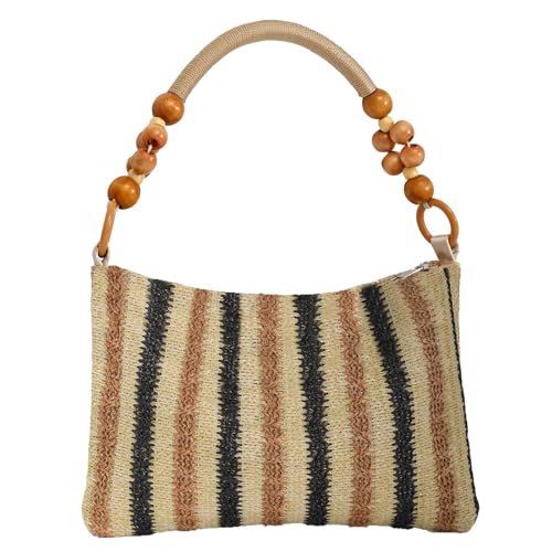 Image of Small Straw Shoulder Bag for Women, Woven Summer Handbag with Wooden Beaded Handle Vacation Purse