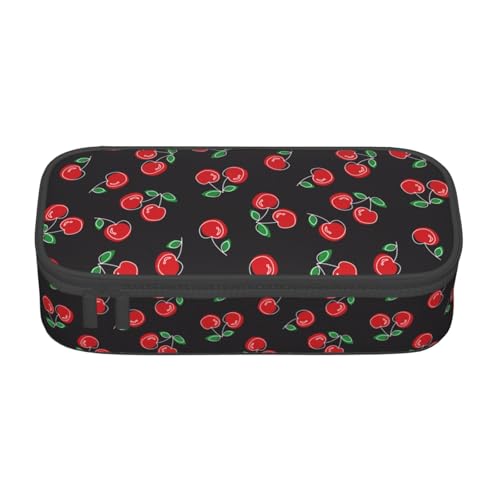 Image of Red Cherry Black Pencil Case Big Capacity Storage Pencil Pouch Stationery Bags With Zipper Portable Pen Holder Box Organizer For Boys Student College School Office Supplies