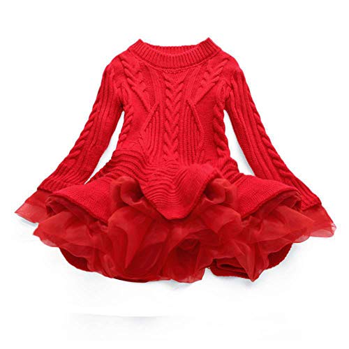 2 to 7 Years Toddler Girls Knitted Sweater Child Girls Dress Pullover Winter Baby Kids Crochet Sweater (Red, 5-6 Years)