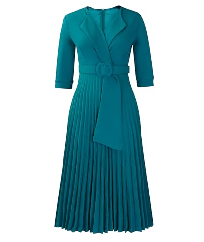 Image of SOMTHRON Women's Elegant 3 /4 Sleeve Blazer Dress V Neck Lapel Pleated Business Work Swing Midi Dress with Belt