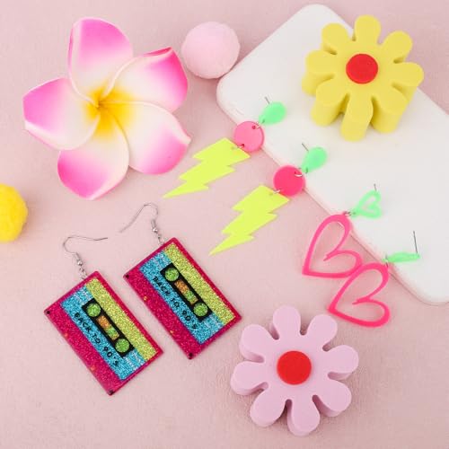 3 Pairs 80s 90s Neon Earrings for Women, Acrylic Retro Heart Tape & Lightning Geometric Dangle Neon Earrings for 80s 90s Disco Theme Party Accessories Glowing Party Jewelry3