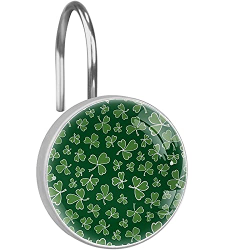 Green Texture with Shamrock, Round Crystal Glass Decorative Shower Curtain Hooks Rust Proof Oil Rubbed Metal Shower Curtain Rings-12 Pack