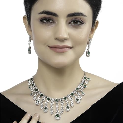 Image of ZENEME Rhodium-Plated Silver-Toned Emerald-Cut American Diamond Floral Link Necklace Set with Pear Drop Earrings for Women & Girls