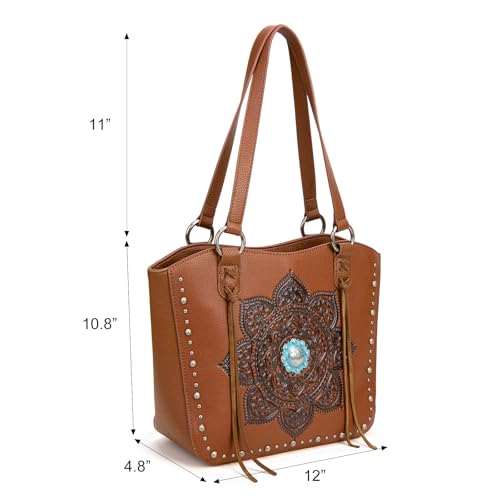 Image of Montana West Western Tooling Tote Bag with Wallet Set for Women Vintage Studded Top Handle Shoulder Handbag