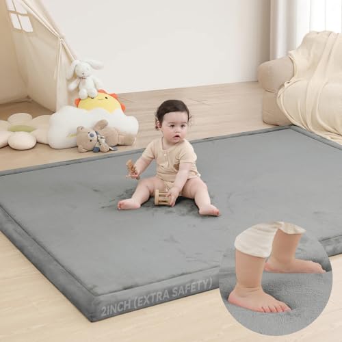 Image of Huloo Sleep 2 inch Extra Thick Baby Play Mat for Floor,Ultra Soft Elasti Foam Mat for Tummy Time & Crawling,Playpen,Non Slip Nursery Rug for Toddlers,Infants,kids,Tatami Style for Yoga,Playroom(Dark Gray)