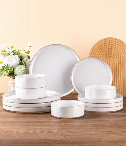 Image of AmorArc Ceramic Dinnerware Sets for 4, 12 Pieces Handpainted Plates and Bowls Set with Rustic Terracotta Underside, Scratch Resistant Stoneware Dishes Set, Dishwasher & Microwave Safe