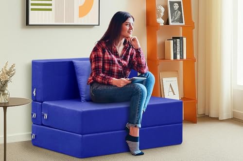Image of Easy Foldable One Person Sofa Cum Bed Jute Fabric- Washable Cover- Including One Cushion- Size 3' X 6' Ft (Blue Color) Perfect for Home & Office for Guests