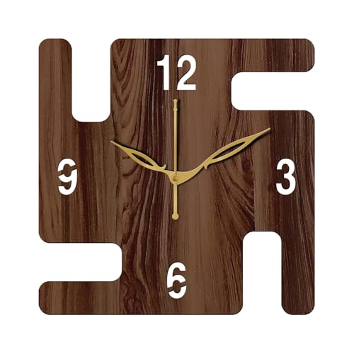 Image of SKYVILLA 12 Inch Wooden MDF Swastik Analog Wall Clock with English Numerals, Romans | Silent Quartz Movement | Lightweight Without Glass Design