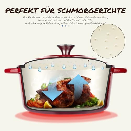Bild 3 - Overmont Schmortopf Gusseisen Topf 26cm - Emaille Bräter mit Deckel backofengeeignet - mit Kochbuch - für Küche Backen Schmoren Braten Rot
