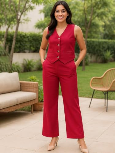 Image of JAIPURFAME Women's Trendy V-Neck Waistcoat With Trousers, Stylish Formal Two-Piece Outfit,Women's Smart Formal Wear Set