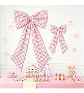 Pink Checkered Bow Decor 2 Pack,Large & Small Blue and White Coquette Room Backdrop Wall Decor fo...