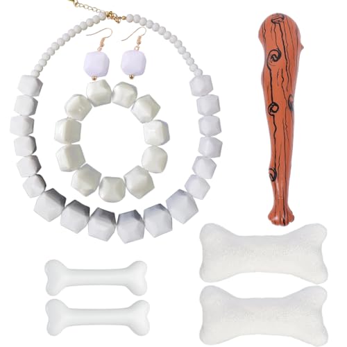 TOMIGO 8 Pcs Women Costume Accessories Set with Acrylic White Beads Necklace Earrings Bracelet Bone Hair Clips and Inflatable Wooden Stick for Halloween Cosplay