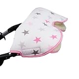 BAMBINIWELT universaler Muff Handwärmer Handschuhe für Kinderwagen Buggy Jogger mit Wolle Baumwolle (weiß rosa graue Sterne) XX