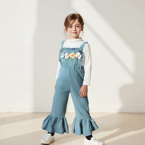Kids Girls Outfit, Long Sleeve Crew Neck T-shirt with Flower Overalls and Hat Fall Outfit3