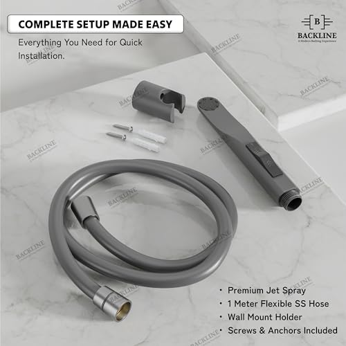 Image of Backline Water Saving Jet Spray for Toilet | Health Faucet for Toilets | ABS Hand Gun with Hose Pipe 1.2 Meter and Wall Hook /Holder | Bathroom Bidet Spray (Gun Grey - Full Set (Gun + Hose + Hook))
