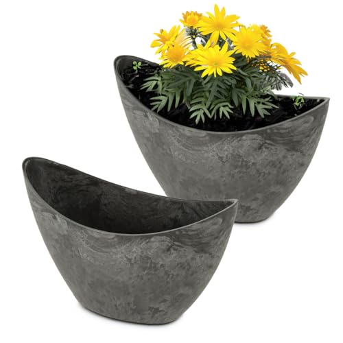 matches21 HOME & HOBBY Set di 2 ciotole ovali per piante da esterno, 20 x 9 x 12 cm, colore: nero