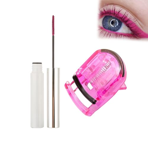 Set Colourful Mascara+Eyelash Curler, Waterproof Curling Mascara, Alarga las Pestañas, Aporta Volumen y Grosor, Resiste las Manchas y los Grumos, Crea Diversos looks para los Ojos (Pink)