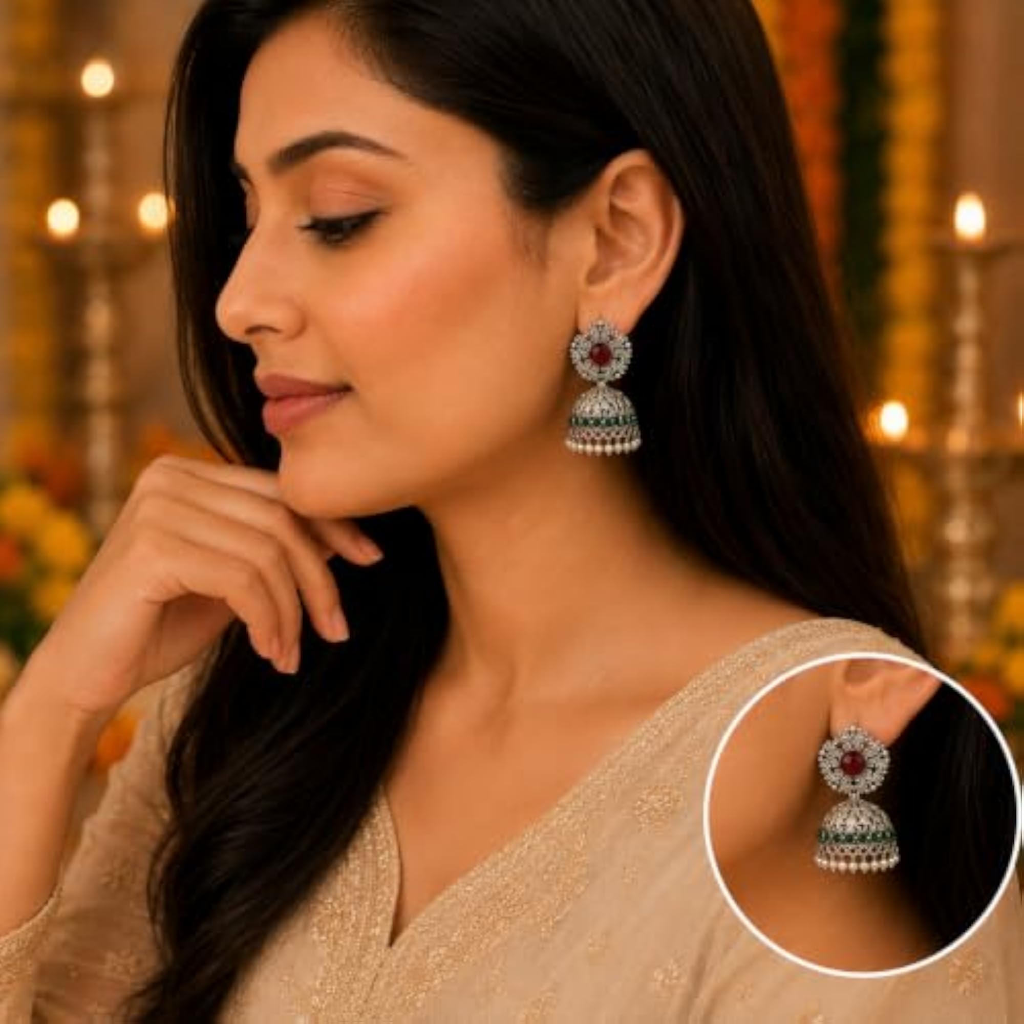 Ruby Red & Emerald Green Jhumka Earrings for Women, Traditional Design