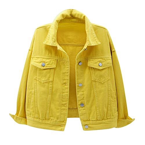 IQYU Cazadora vaquera para mujer, corte holgado, estilo informal, chaqueta vaquera, chaqueta vaquera con volante, para mujer, amarillo, M