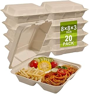 CVIUYO 20Pack Flip-Top Bagasse 3 Compartment Takeout Container, Heavy Duty Eco-Friendly Takeout Box, All Natural 100% Compostable Organic Takeout Burger Box (8" x 8" x 3")