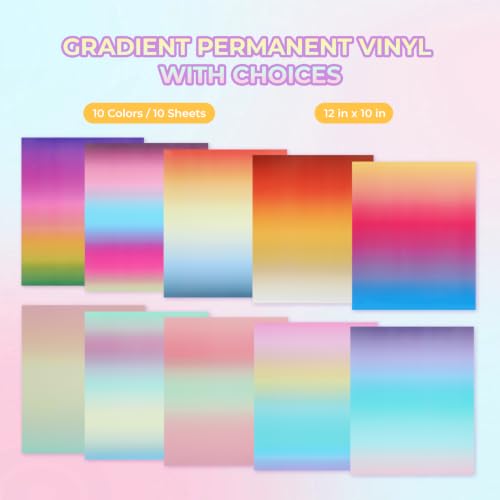 Image of HTVRONT Rainbow Permanent Vinyl 10 Sheets 12 inchx10 inch Gradient Adhesive Vinyl