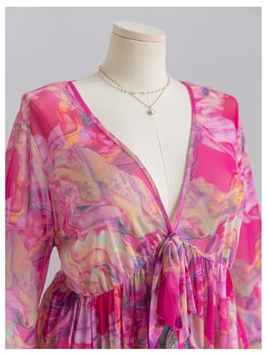 GORGLITTER Women's Plus Size Mesh Bell Sleeve Top 70s Tie Front Paisley Boho Peplum Babydoll Tops Blouse3