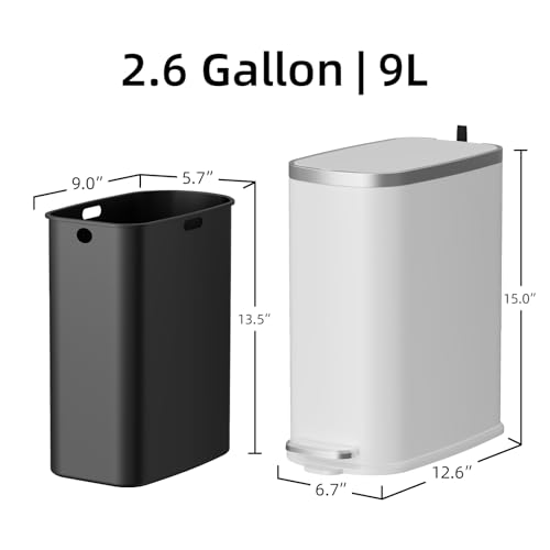Image of KUK Slim Bathroom Trash Can with Lid Soft Close, Step Pedal, 2.6 Gal / 10L Stainless Steel Garbage Can with Removable Inner Bucket, Anti-Fingerprint Wastebasket for Office, Bedroom, Toilet (White)