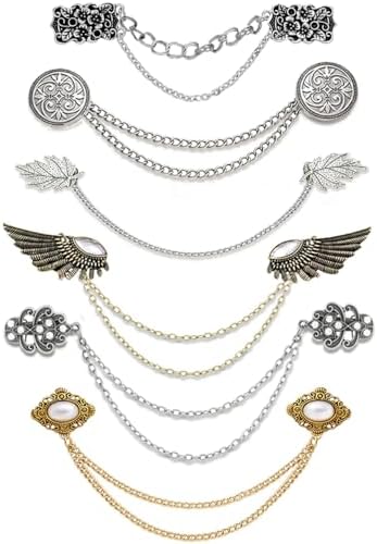 Tornito Vintage Sweater Shawl Chain Clips Retro Shirt Collar Lapel Holders Decorations With Hanging Chain Cardigan Cloak Dress Chain Clips CZ Wings Pearl Leaf Flower Patterns Brooch Pins for Women Men