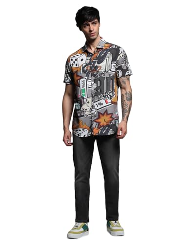 Image of Jack & Jones Men Spread Collar Graphic Printed Cotton Relaxed Fit Casual Shirt