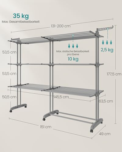 SONGMICS Wäscheständer, Standtrockner 4 Ebenen, ausziehbar, Flügelwäscheständer, klappbare Flügel, mit Rollen, 63,5 x (131-200) x 177,5 cm, groß, einfacher Aufbau, Taubengrau LLR704G01