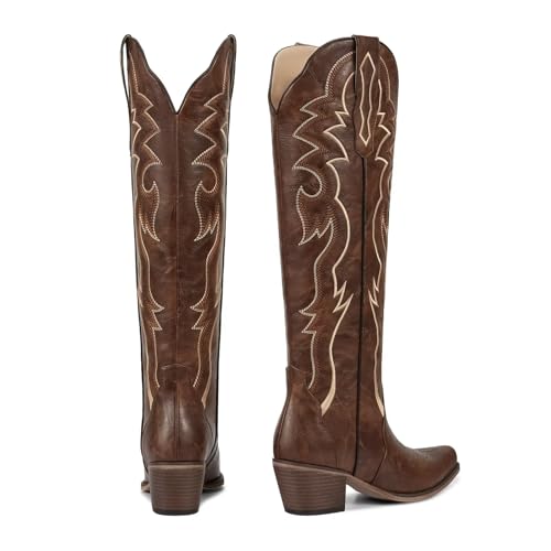 Image of wetkiss Cowboy Boots for Women Knee High, Low Heeled Stable and Comfortable | Knee High Cowgirl Boots,Western Boots with Embroidery,Pull On,Slip On,Non-slip Rubber Sole,Soft and Breathable PU Leather