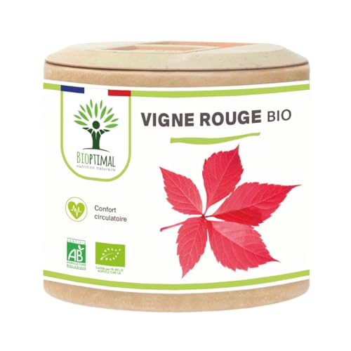 Vigne rouge Bio - Complément alimentaire Bioptimal - Jambes Lourdes Peau Saine Circulation Sanguine Hémorroïdes - 300 mg de Feuille de Vigne x gélule - Made in France - Certifié Ecocert - 60 gélules