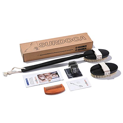 SURDOCA Cepillo corporal de cepillado en seco - Depurador de espalda de ducha de mango largo de madera natural con 2 cabezales de cepillo de bao, exfoliante para hombres y mujeres