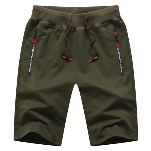 JustSun Mens Shorts zomer sport shorts met rits zakken, Leger Groen, S