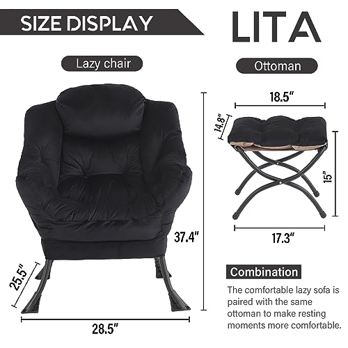 Image of LITA Lazy Chair with Ottoman, Modern Accent Leisure Upholstered Sofa Chair, Contemporary Lounge Reading Chairs with Armrests and a Side Pocket for Living Room, Bedroom & Small Space, Black