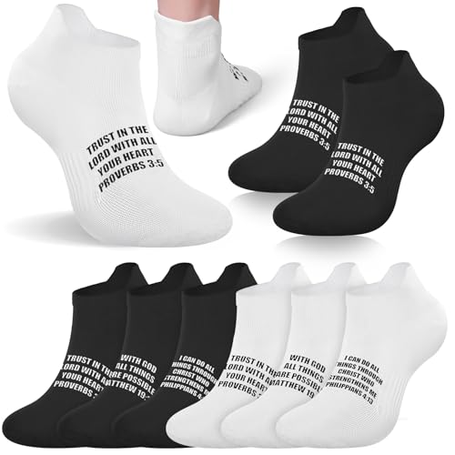 Janmercy 6 Pairs Christian Socks with Scripture on, Bible Verse Praying Athletic Ankle Socks Faith Catholic Gifts Men Women(White, Black)