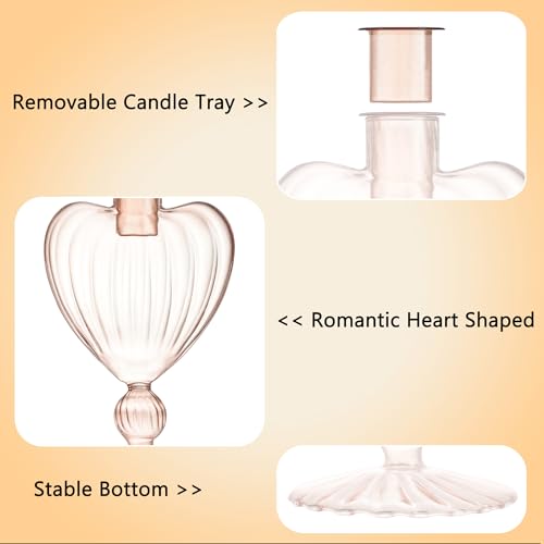 Image of Flameless Taper Candle with Vintage Glass Candle Holder, Set of 2, Wedding Dating Party Table Decor Centerpiece, Heart Shaped, Rose Gold