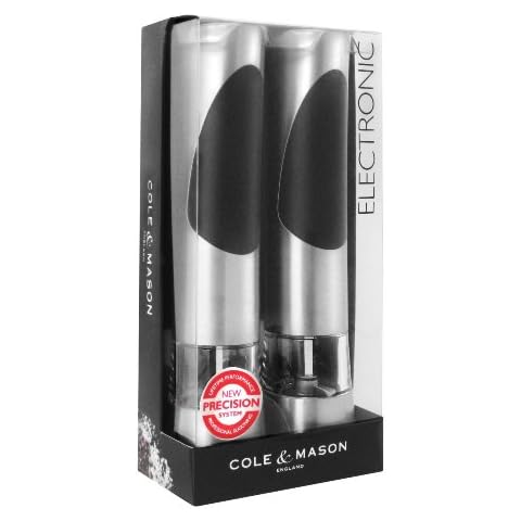 Cole & Mason Richmond Electronic Salt & Pepper Mill Gift Set - One-Button Electric Spice Grinder with Large Grinding Chamber - Requires 6 AAA Batteries - Hand Wash Kitchen Tool - Stainless Steel Cover