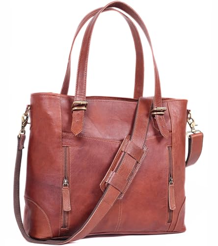 17-inch Large Leather Tote Bag for Women Genuine Brown Leather Laptop Bag with Zipper Professional Briefcase, Computer Tote for Work, Business, Travel, & Daily Use